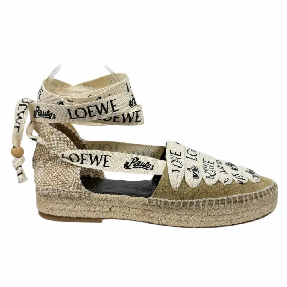 Loewe x Paula Ibiza Suede Ankle Tie Wedge Platform Espadrille Size 38